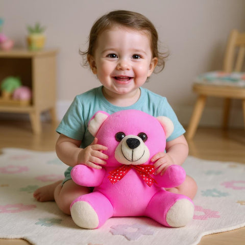 Cutecubs Soft Plush Teddy Bear Toy for Babies & Kids – Pink with Red Ribbon (0–5 Years)