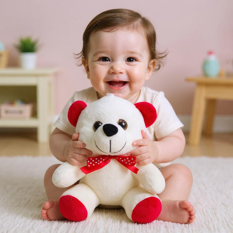 Cutecubs Soft Plush Teddy Bear Toy for Babies & Kids –White with Red Ribbon (0–5 Years)