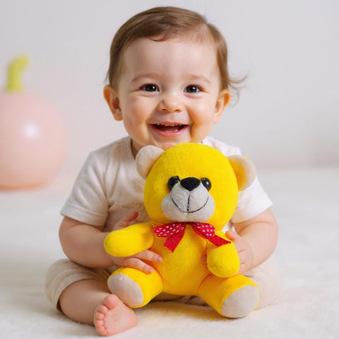 Cutecubs Soft Plush Teddy Bear Toy for Babies & Kids – Yellow with Red Ribbon (0–5 Years)