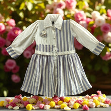 Blue-White Striped Cotton Frock with Belt for Girls | Age 3–10 Years