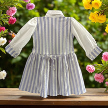 Blue-White Striped Cotton Frock with Belt for Girls | Age 3–10 Years