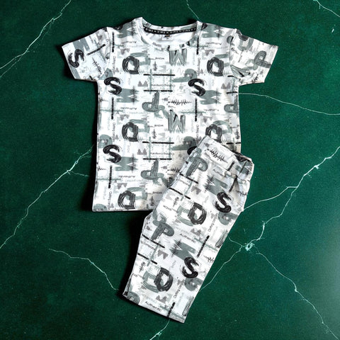Boys Printed Co-ord Set – White & Olive Green (4-10 Years)