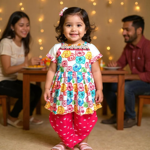 Girls Silk Multicolor Dhoti Set – Traditional Outfit for 3–10 Years