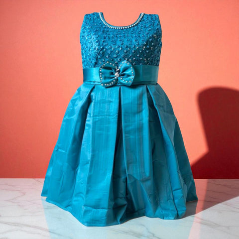 Teal Party Gown for Girls (3–8 Yrs) – Embroidered Bodice with Bow