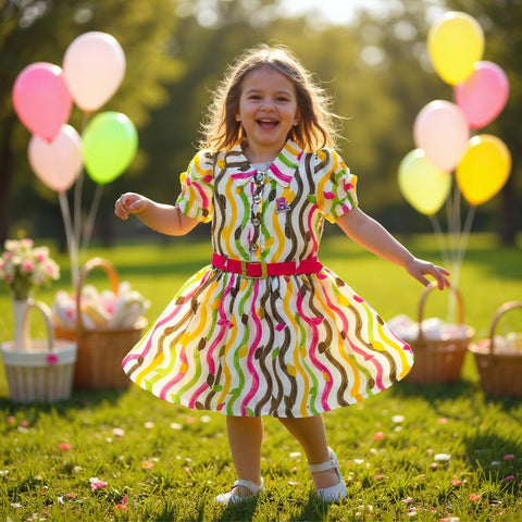 Multicolor Georgette Frock with Wave Print & Belt (3–10 Years)