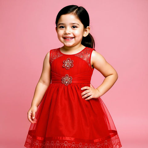 Red Party Gown for Girls | Floral Net Dress | Ages 3–10