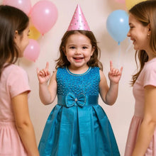 Teal Party Gown for Girls (3–8 Yrs) – Embroidered Bodice with Bow